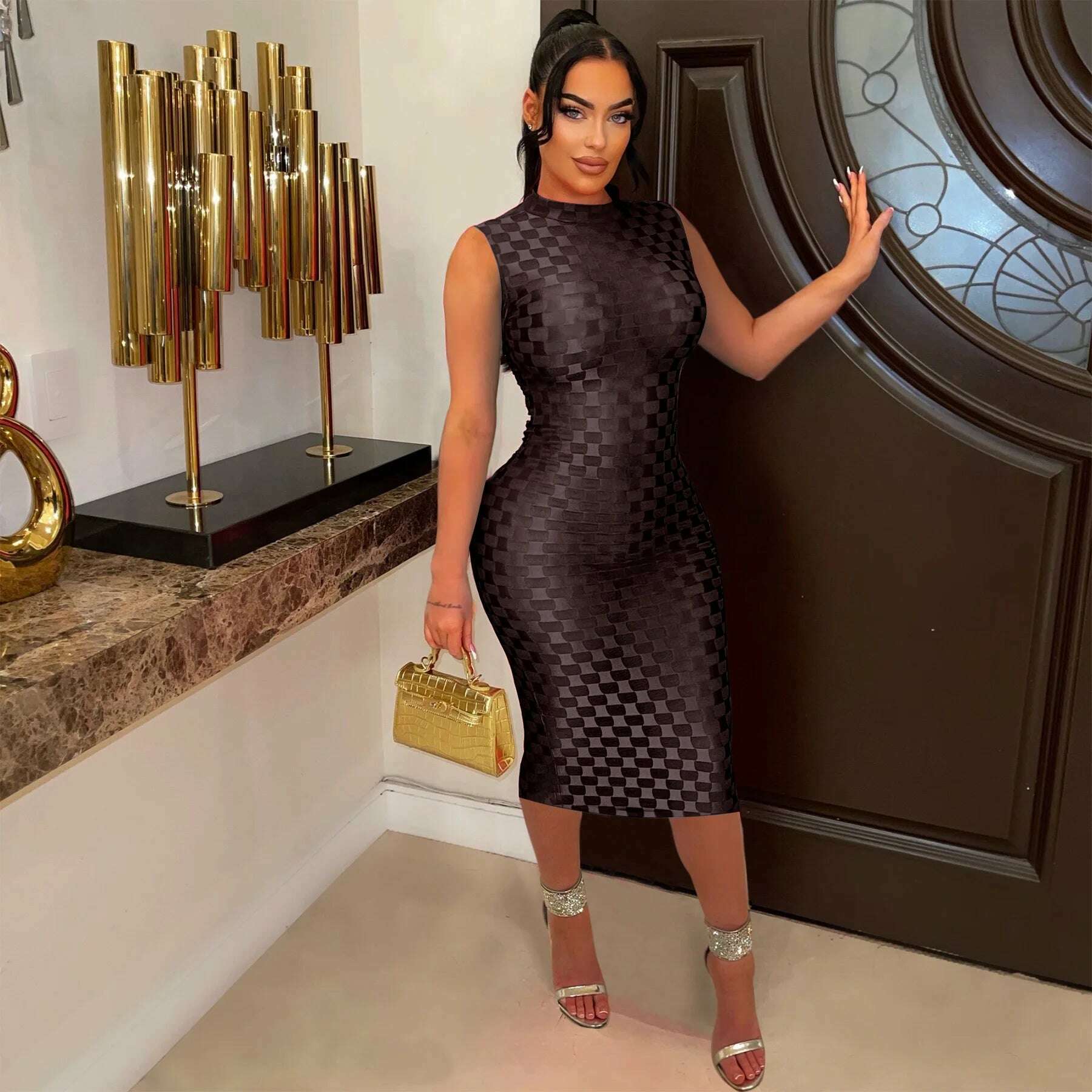 CM.YAYA Women Elegant O-neck Sleeveless Mesh See Through Midi Dress 2024 Summer Sexy Casual Night Club Party Vestido Dresses - KIMLUD