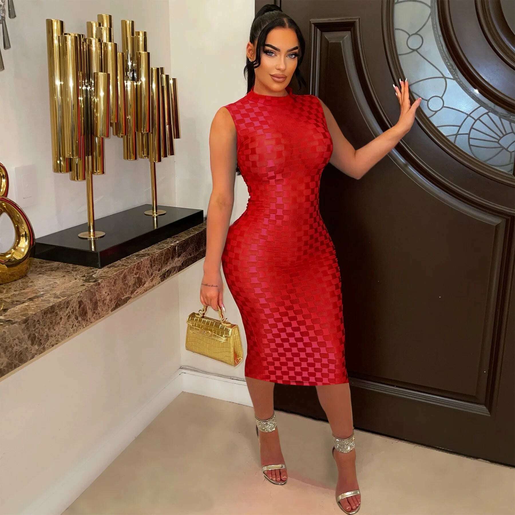 CM.YAYA Women Elegant O-neck Sleeveless Mesh See Through Midi Dress 2024 Summer Sexy Casual Night Club Party Vestido Dresses - KIMLUD