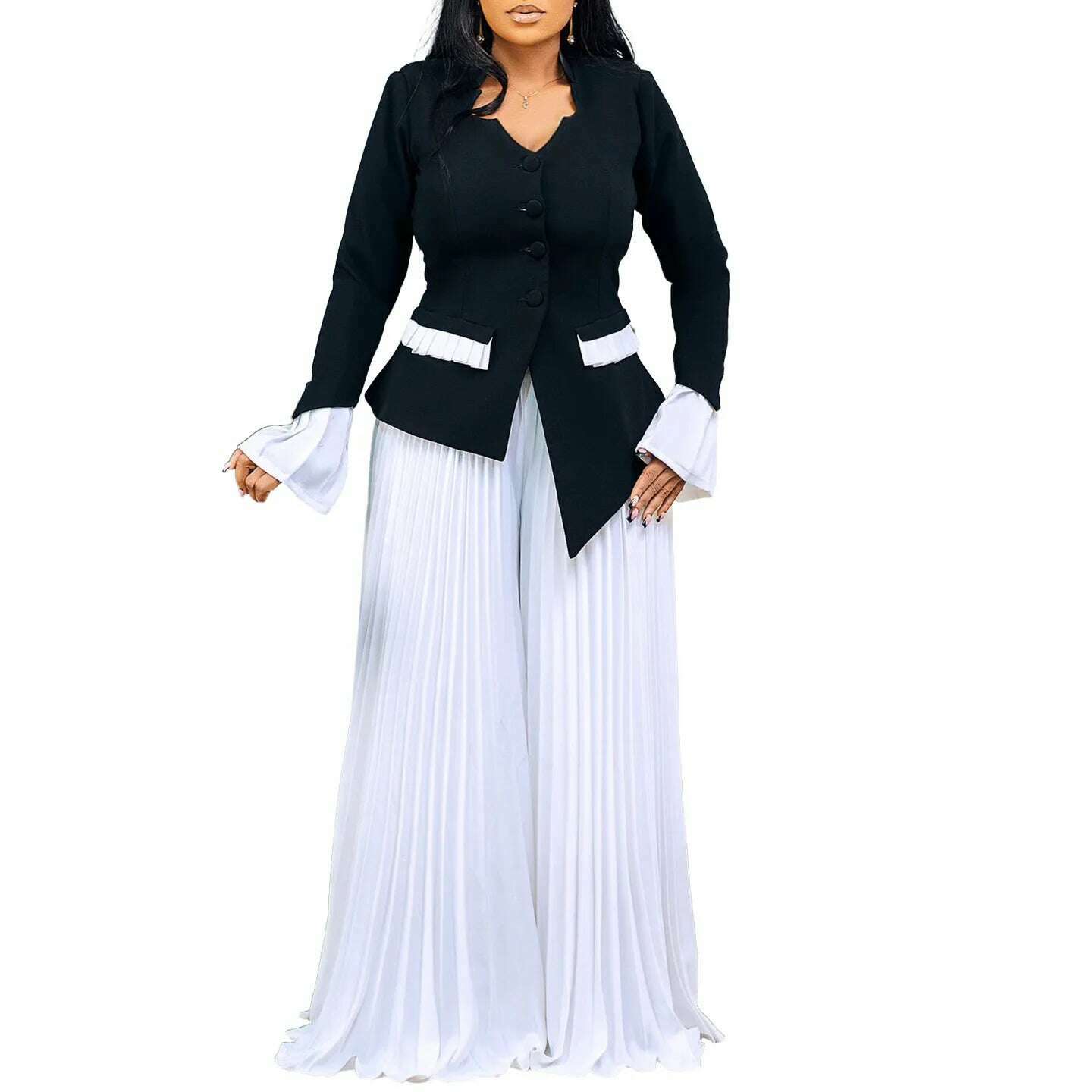 CM.YAYA Women's Set Full Flare Sleeve Button Blazer Shirt + Pleated Long Pants Suit Streetwear Two 2 Piece Set Africa OL Outfits - KIMLUD