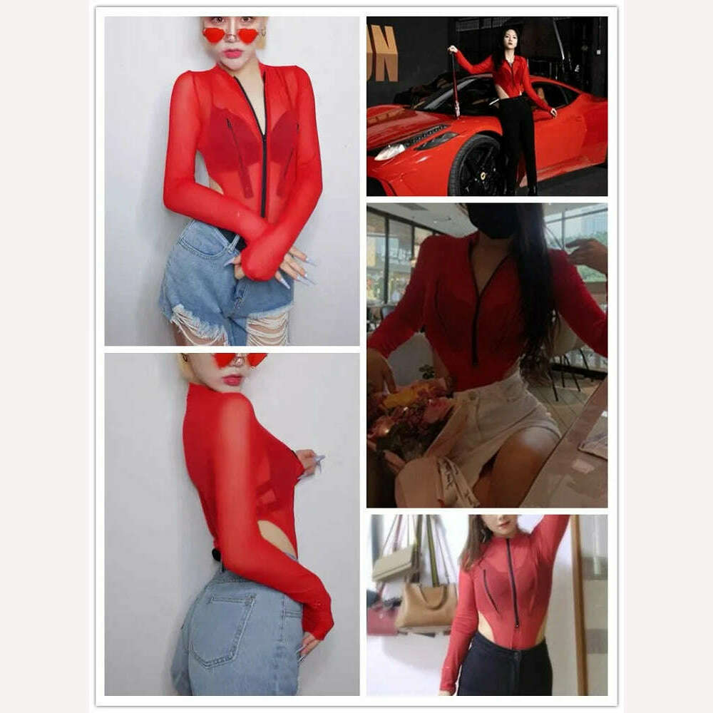 KIMLUD, CNYISHE Sexy Club Bodysuits Women Tops Streetwear Red Mesh High Waist Bodysuit Romper Female Body Basic Summer Outfits Swimsuit, KIMLUD Womens Clothes