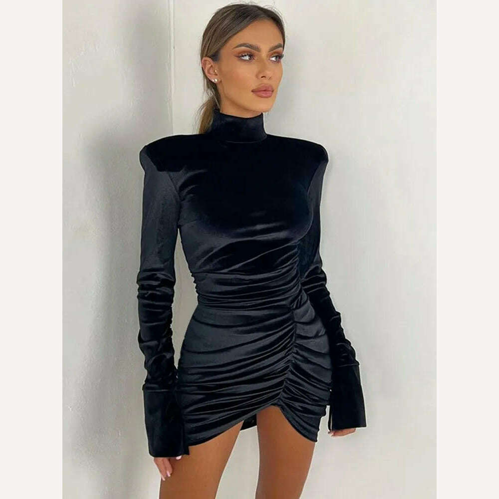 long sleeve short dresses skinny Long Sleeves Skinny Pleated Split-Joint Zipper Stand Collar Mini Dresses