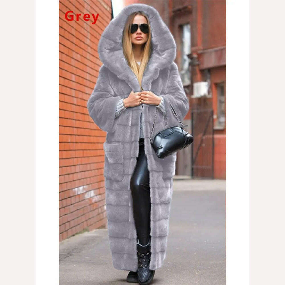 KIMLUD, Coat Women Black S-5XL Long Thick Warmth Hooded Mink Fur Jacket 2022 Autumn Winter New Fashion Pink Streetwear Overcoat Clothing, Gray / S, KIMLUD APPAREL - Womens Clothes
