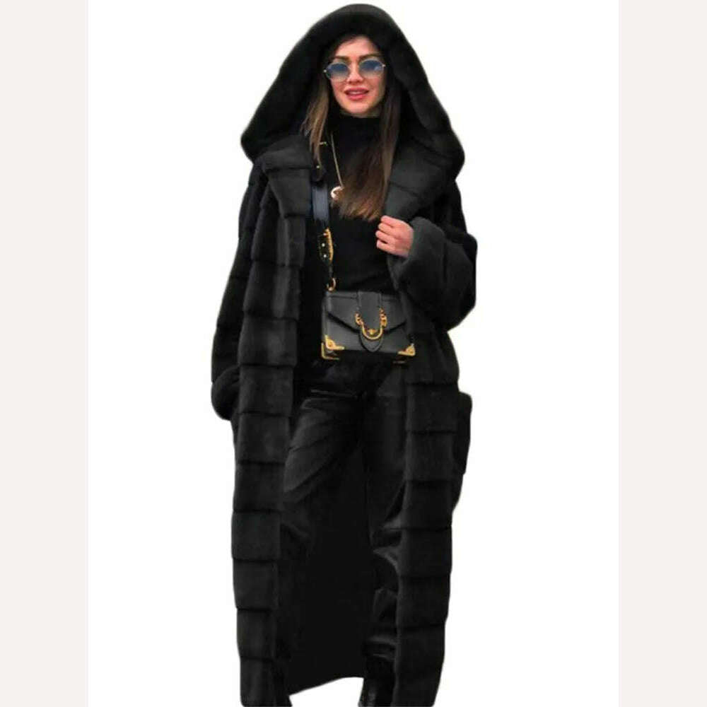 KIMLUD, Coat Women Black S-5XL Long Thick Warmth Hooded Mink Fur Jacket 2022 Autumn Winter New Fashion Pink Streetwear Overcoat Clothing, Black / S, KIMLUD APPAREL - Womens Clothes