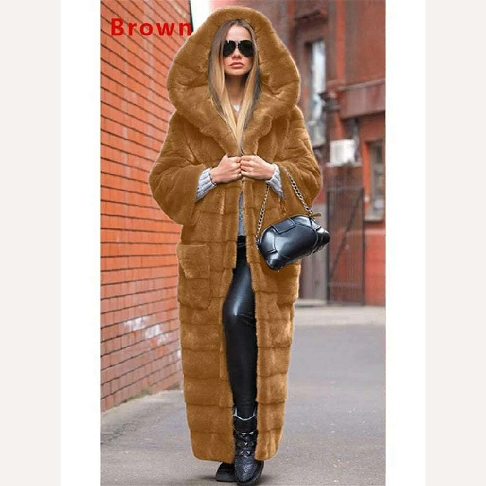 KIMLUD, Coat Women Black S-5XL Long Thick Warmth Hooded Mink Fur Jacket 2022 Autumn Winter New Fashion Pink Streetwear Overcoat Clothing, Brown / S, KIMLUD APPAREL - Womens Clothes