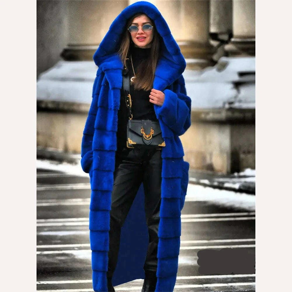 KIMLUD, Coat Women Black S-5XL Long Thick Warmth Hooded Mink Fur Jacket 2022 Autumn Winter New Fashion Pink Streetwear Overcoat Clothing, Royal blue / S, KIMLUD APPAREL - Womens Clothes