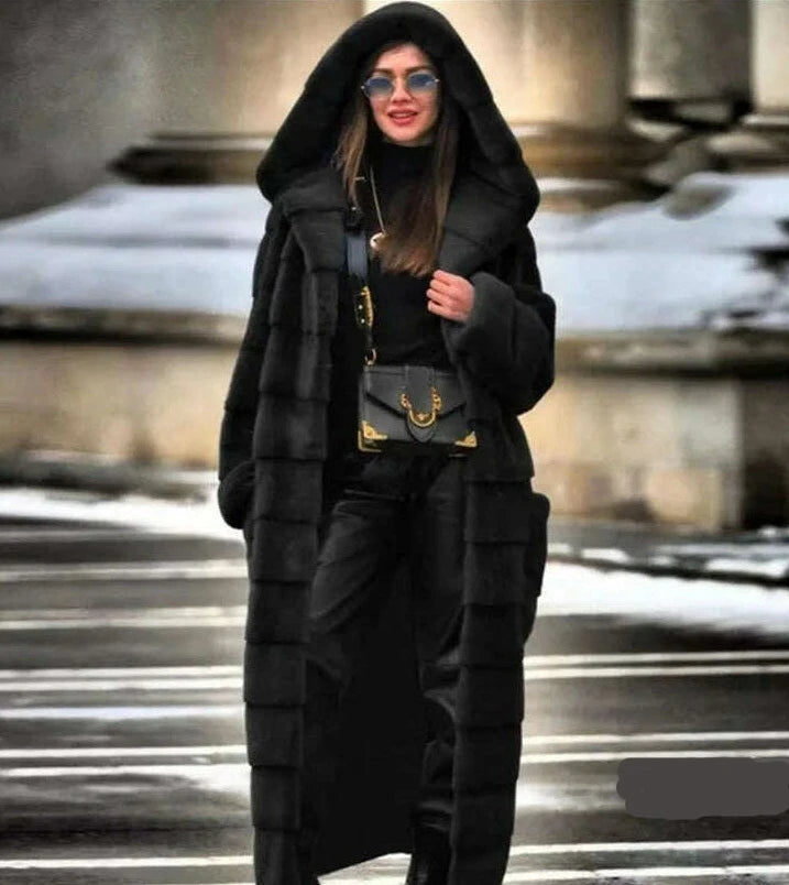 KIMLUD, Coat Women Black S-5XL Long Thick Warmth Hooded Mink Fur Jacket 2022 Autumn Winter New Fashion Pink Streetwear Overcoat Clothing, KIMLUD Womens Clothes