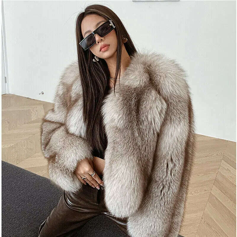 KIMLUD, Coffee Fox Fur Jacket Women Winter Fashion Warm Fluffy Real Fur Outertwear Natural Luxury Fox Fur Coat Lady, KIMLUD Womens Clothes