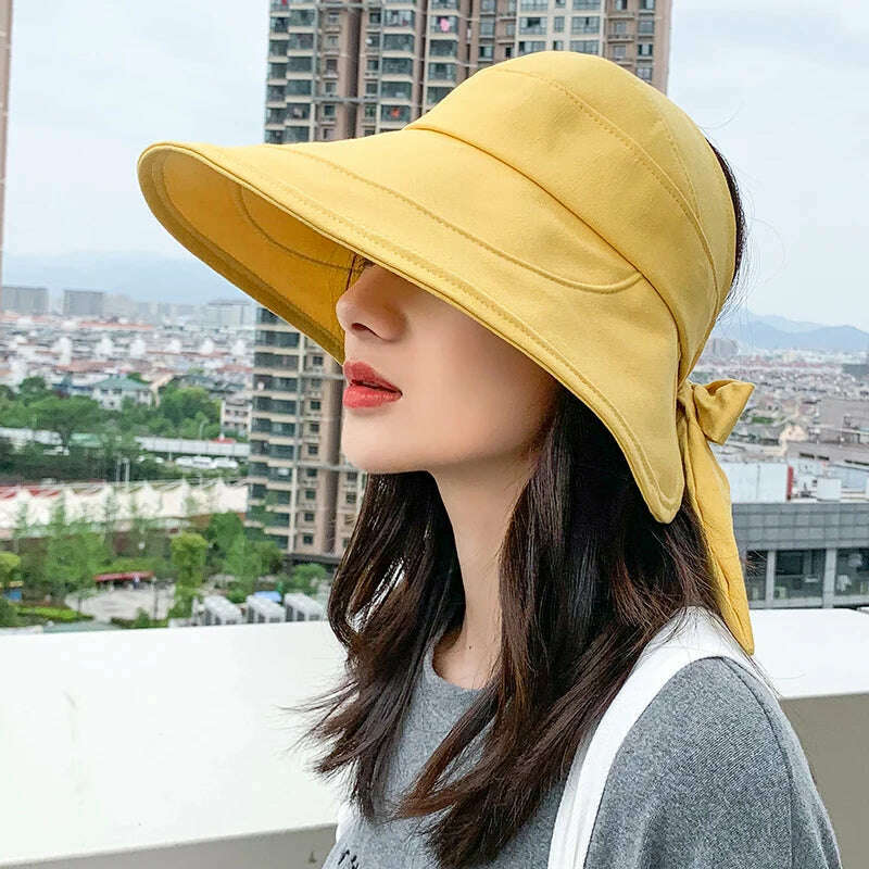 KIMLUD, COKK Sun Hat Summer Women Ponytail Visor Wide Brim Uv Protection Bow Beach Hat Yellow Ladies Sunhat Ladies Hats Foldable Gorro, yellow / 56-58cm, KIMLUD APPAREL - Womens Clothes