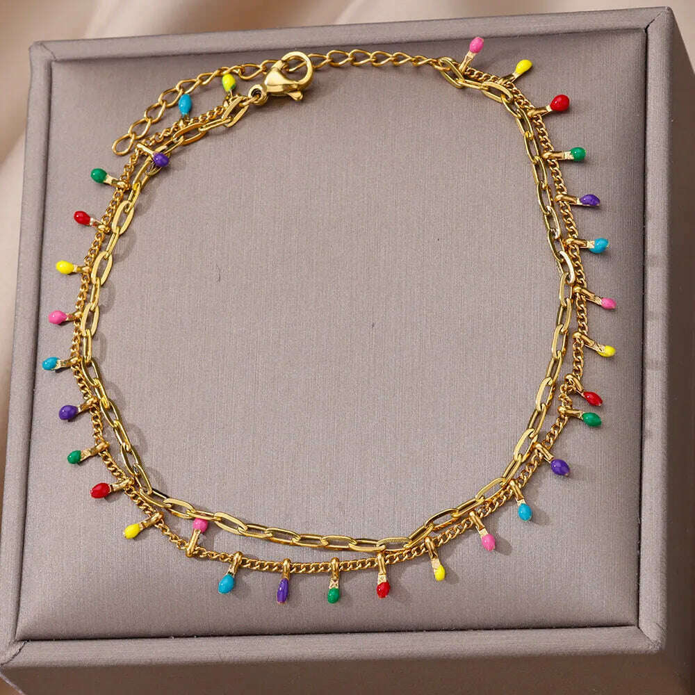 KIMLUD, Colorful Boho Drops Anklets For Women Gold Color Stainless Steel Anklet Luxury Wedding Aesthetic Jewelry Gift Free Shipping, KIMLUD Womens Clothes