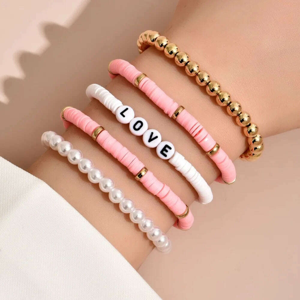 KIMLUD, Colorful Stackable Love Letter Bracelets for Women soft clay pottery Layering Friendship Beads Chain Bangle Boho Jewelry Gift, KIMLUD Womens Clothes