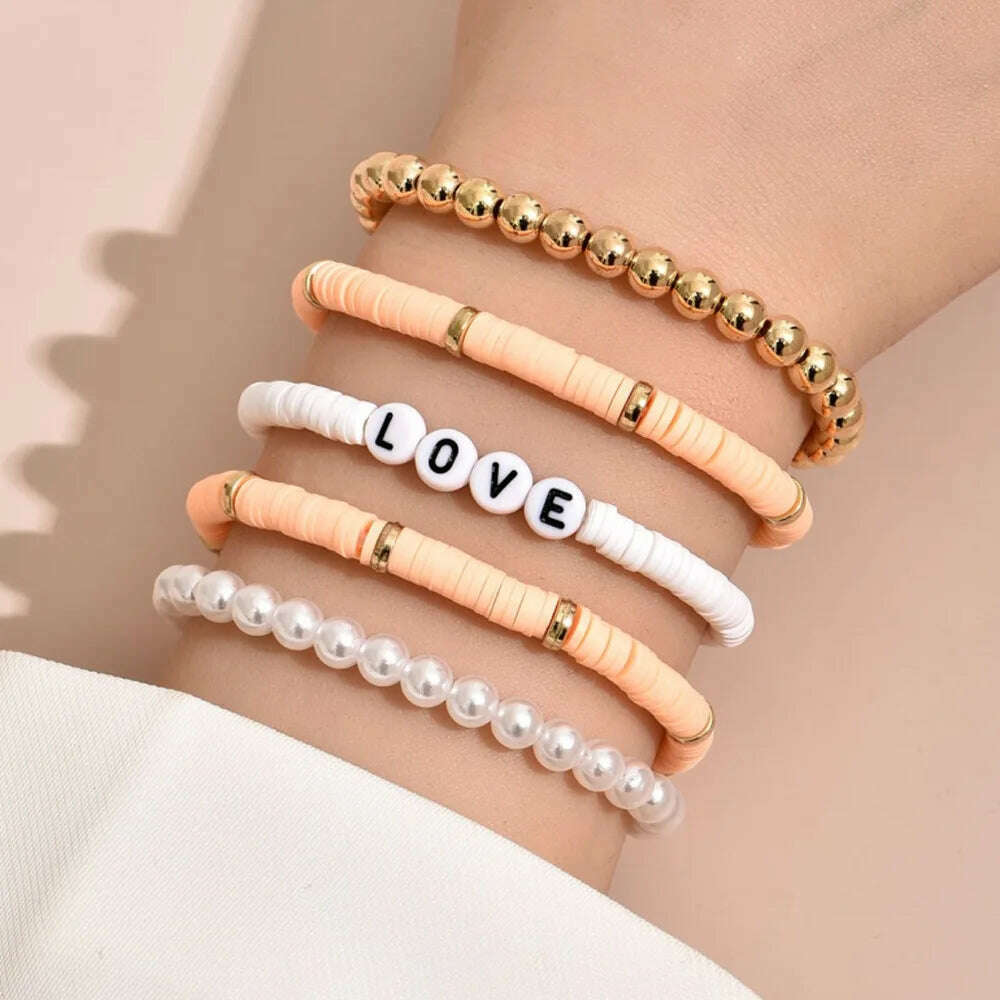 KIMLUD, Colorful Stackable Love Letter Bracelets for Women soft clay pottery Layering Friendship Beads Chain Bangle Boho Jewelry Gift, KIMLUD Womens Clothes