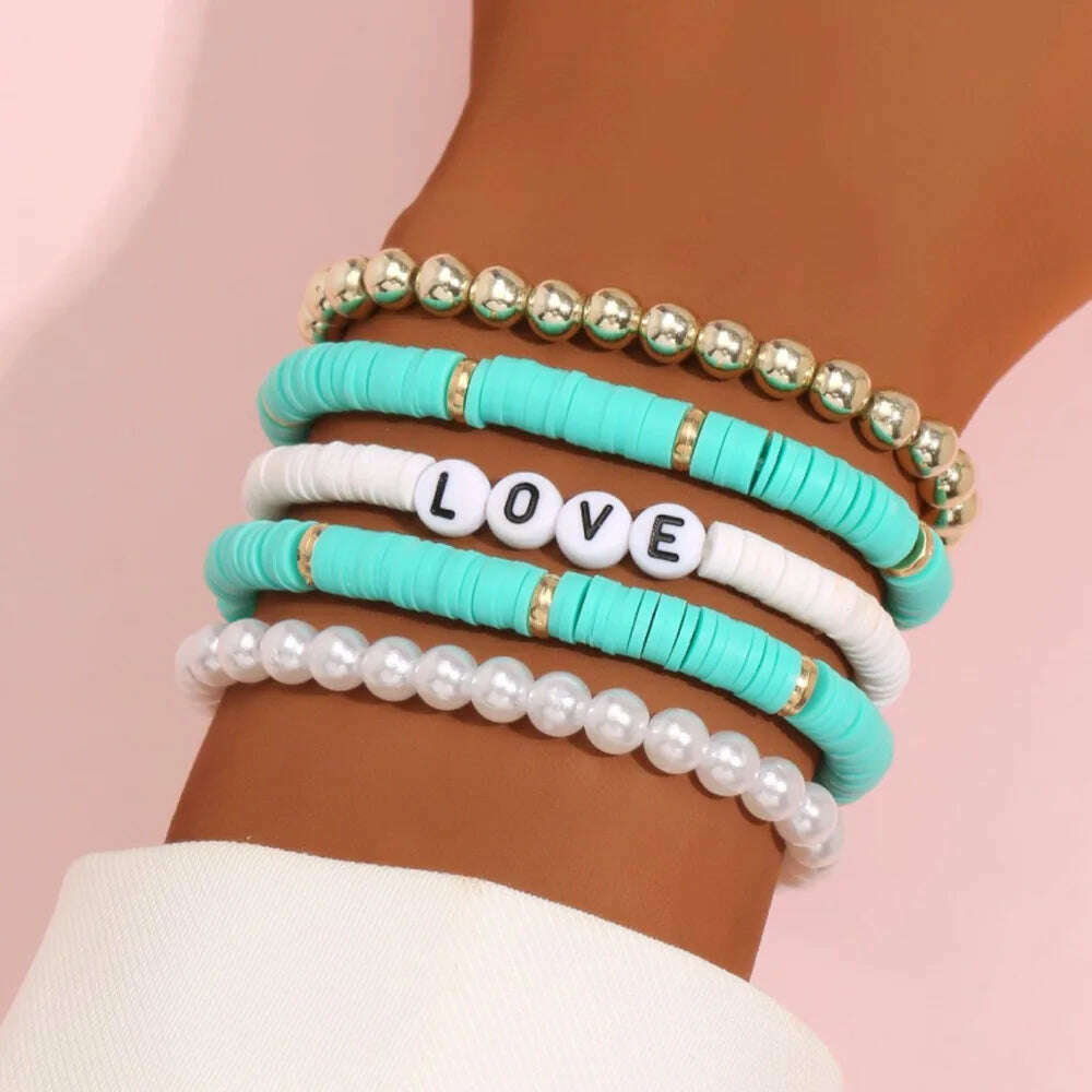 Colorful Stackable Love Letter Bracelets for Women soft clay pottery Layering Friendship Beads Chain Bangle Boho Jewelry Gift - KIMLUD