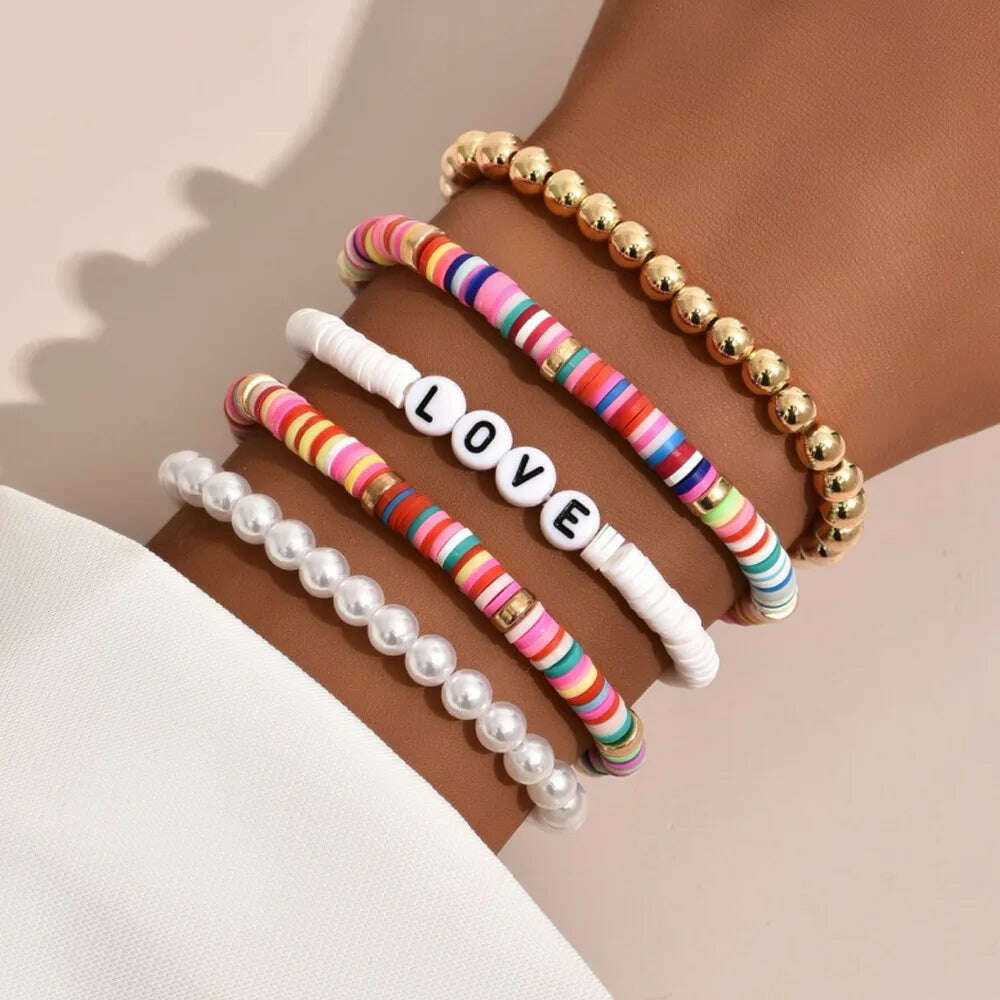 Colorful Stackable Love Letter Bracelets for Women soft clay pottery Layering Friendship Beads Chain Bangle Boho Jewelry Gift - KIMLUD