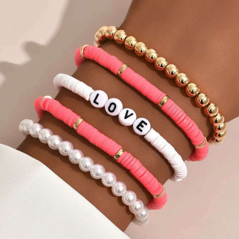 Colorful Stackable Love Letter Bracelets for Women soft clay pottery Layering Friendship Beads Chain Bangle Boho Jewelry Gift - KIMLUD