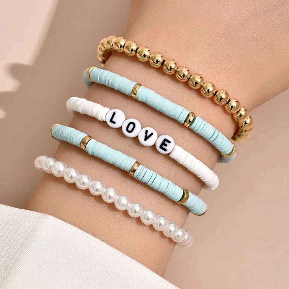 Colorful Stackable Love Letter Bracelets for Women soft clay pottery Layering Friendship Beads Chain Bangle Boho Jewelry Gift - KIMLUD