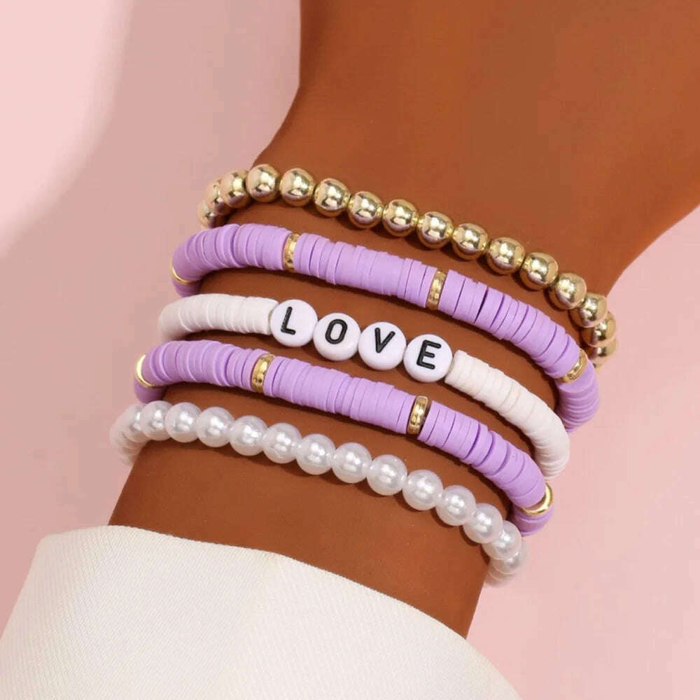 KIMLUD, Colorful Stackable Love Letter Bracelets for Women soft clay pottery Layering Friendship Beads Chain Bangle Boho Jewelry Gift, 7, KIMLUD Womens Clothes