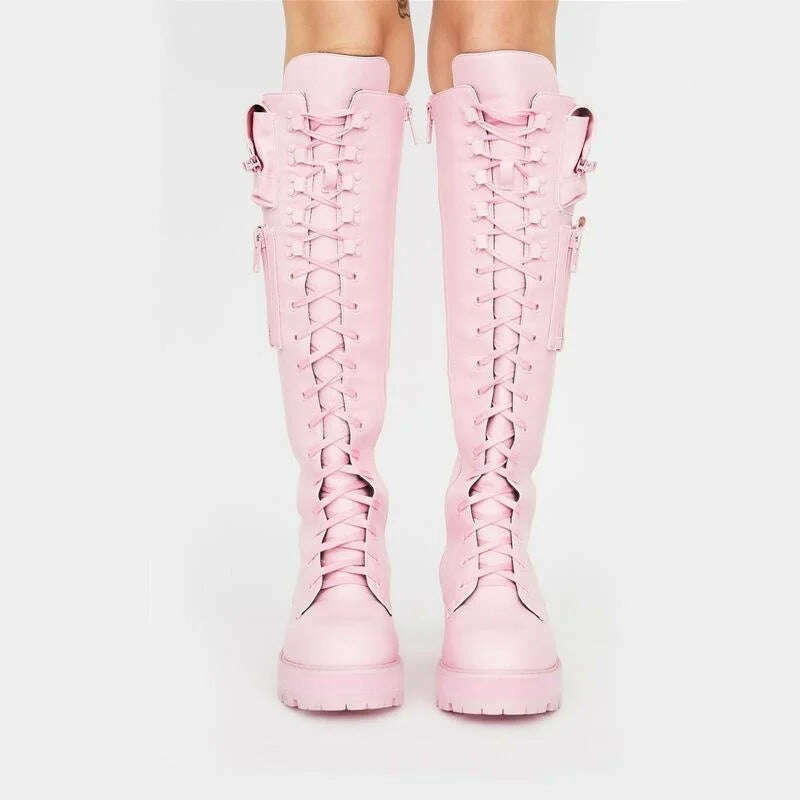 KIMLUD, Combat Boots 2023 Winter Fashion Women Lace Up Pocket Punk Boots Lady Low Heels Knee High Boots, KIMLUD Womens Clothes
