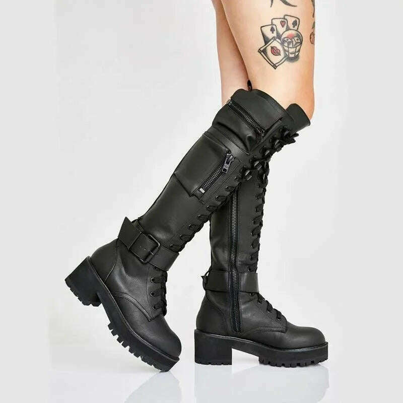 KIMLUD, Combat Boots 2023 Winter Fashion Women Lace Up Pocket Punk Boots Lady Low Heels Knee High Boots, KIMLUD Womens Clothes