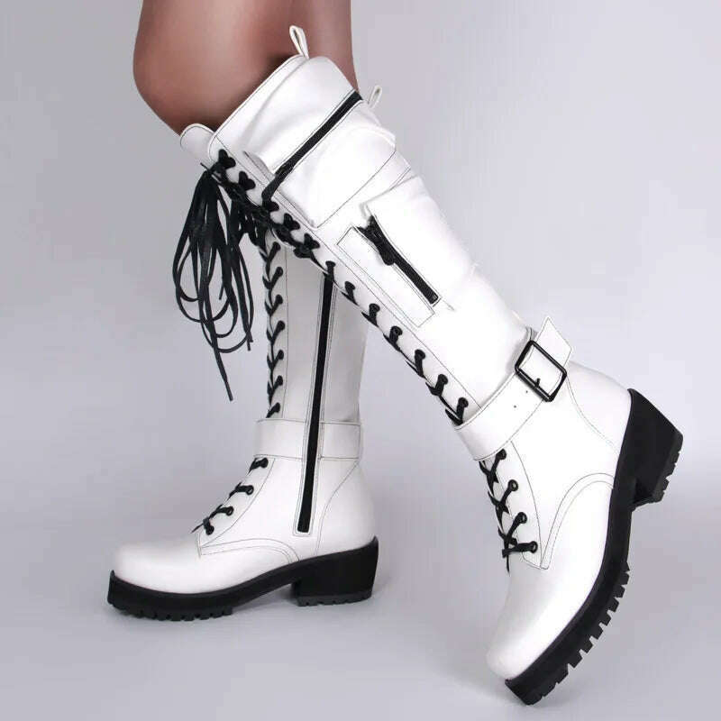KIMLUD, Combat Boots 2023 Winter Fashion Women Lace Up Pocket Punk Boots Lady Low Heels Knee High Boots, KIMLUD Womens Clothes