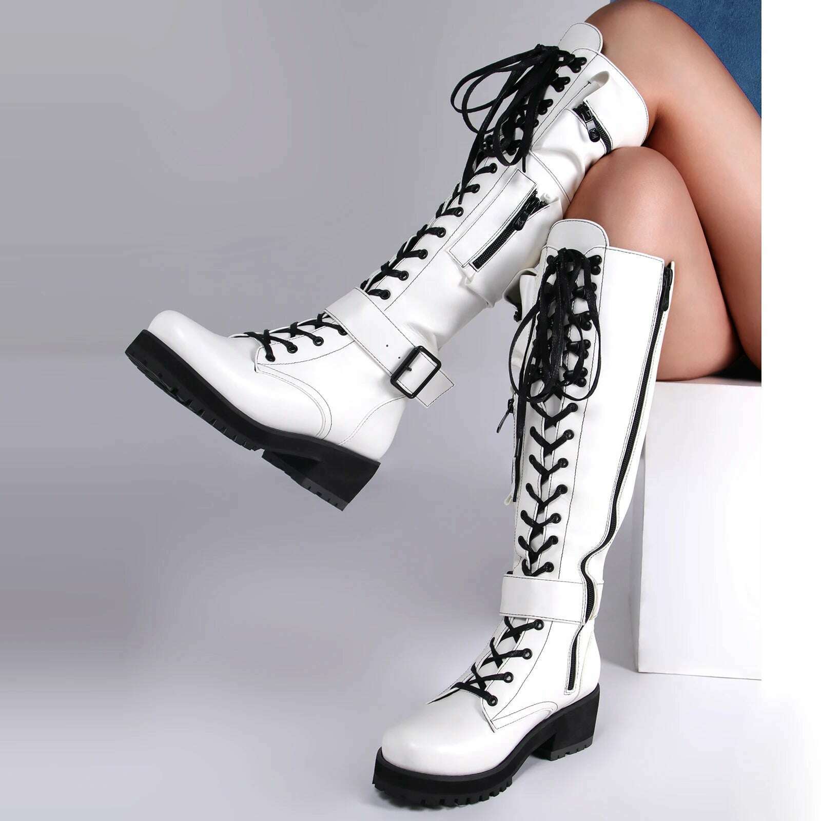 KIMLUD, Combat Boots 2023 Winter Fashion Women Lace Up Pocket Punk Boots Lady Low Heels Knee High Boots, White / 34, KIMLUD APPAREL - Womens Clothes