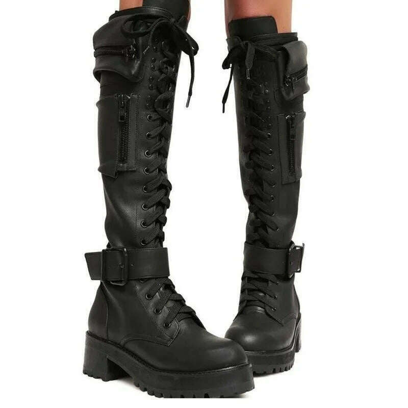 KIMLUD, Combat Boots 2023 Winter Fashion Women Lace Up Pocket Punk Boots Lady Low Heels Knee High Boots, KIMLUD Womens Clothes