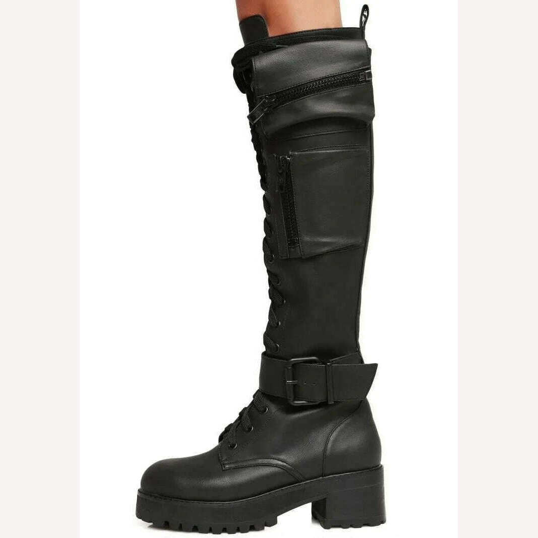 KIMLUD, Combat Boots 2023 Winter Fashion Women Lace Up Pocket Punk Boots Lady Low Heels Knee High Boots, Black / 34, KIMLUD APPAREL - Womens Clothes