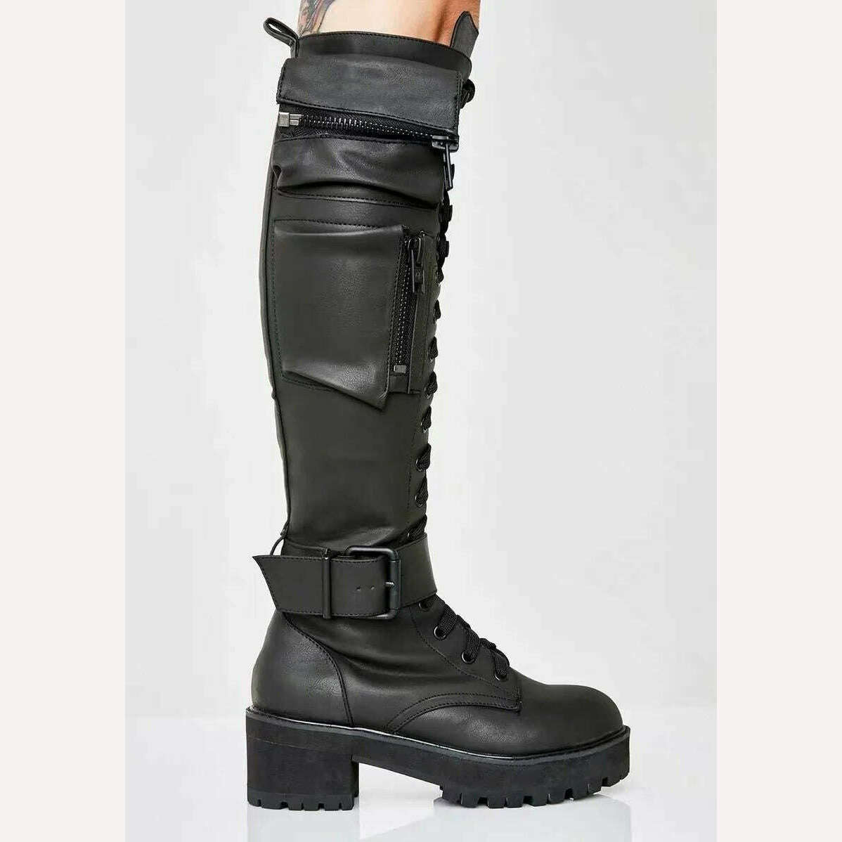 KIMLUD, Combat Boots 2023 Winter Fashion Women Lace Up Pocket Punk Boots Lady Low Heels Knee High Boots, KIMLUD Womens Clothes