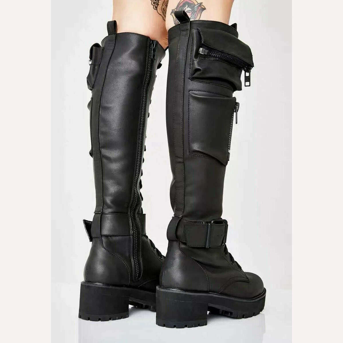 KIMLUD, Combat Boots 2023 Winter Fashion Women Lace Up Pocket Punk Boots Lady Low Heels Knee High Boots, KIMLUD Womens Clothes