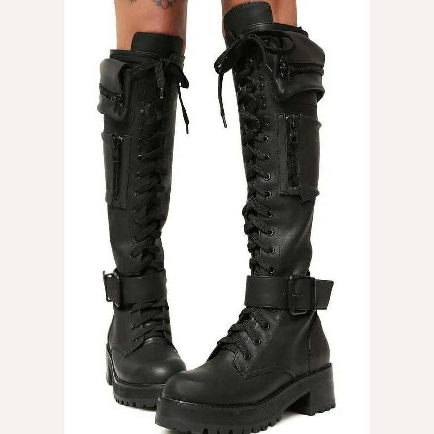 KIMLUD, Combat Boots 2023 Winter Fashion Women Lace Up Pocket Punk Boots Lady Low Heels Knee High Boots, KIMLUD Womens Clothes