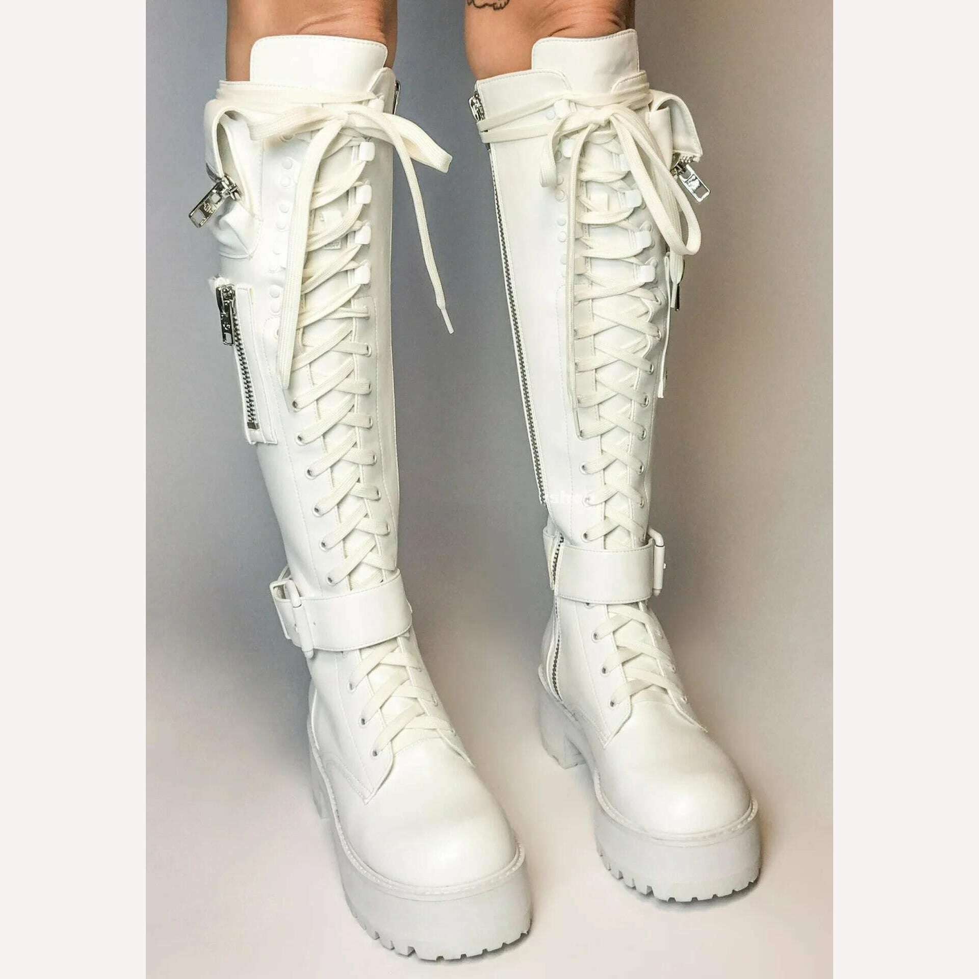 KIMLUD, Combat Boots 2023 Winter Fashion Women Lace Up Pocket Punk Boots Lady Low Heels Knee High Boots, KIMLUD Womens Clothes
