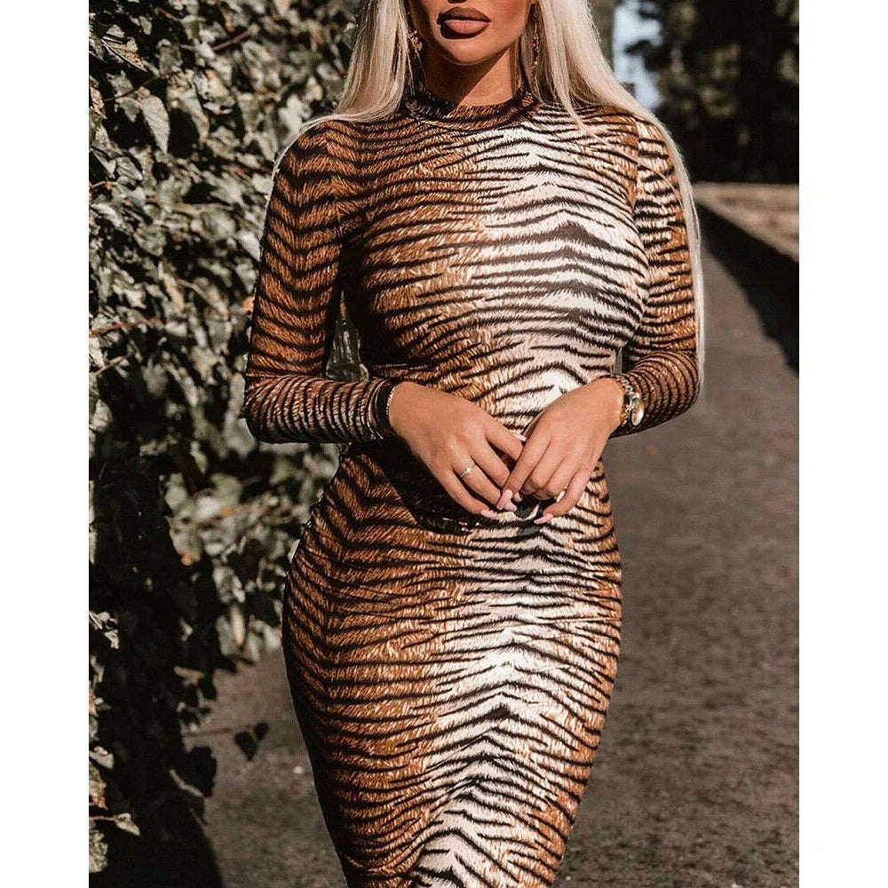 KIMLUD, Combhasaki Sexy Midi Dress Womens tiger print Evening Party club wear High Neck Long Sleeve Slim Stretchy Bodycon Dresses, KIMLUD Womens Clothes