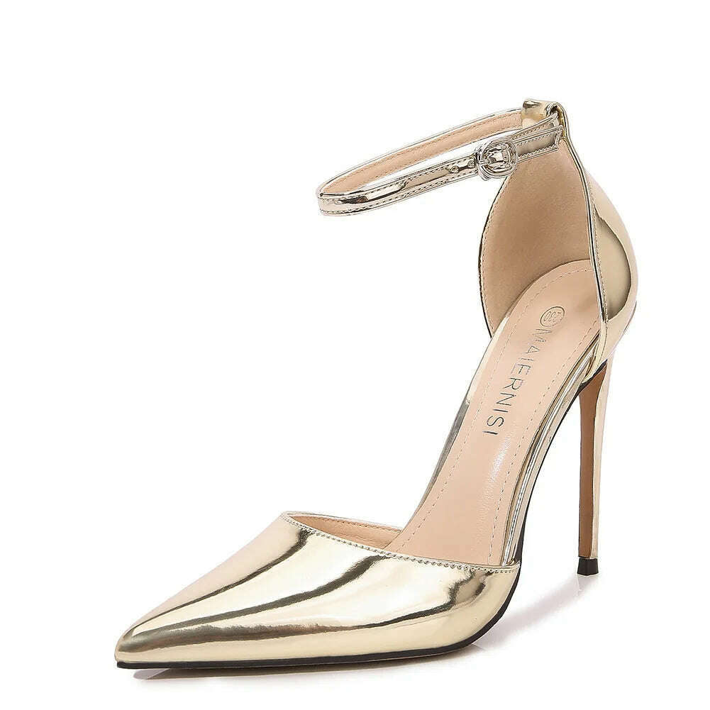 KIMLUD, Comemore Gold Silver Shiny Heels Women's Sandals Ankle Buckle Wedding Evening Party High-heeled Shoes Stiletto Women Pumps 12 Cm, gold / 35, KIMLUD APPAREL - Womens Clothes