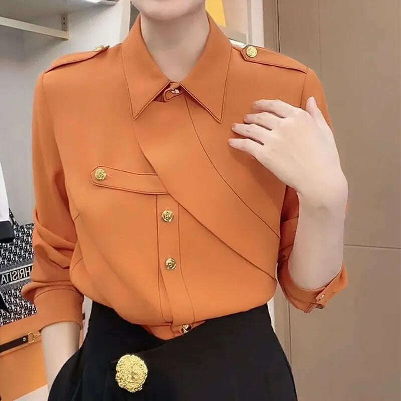 KIMLUD, Commute Solid Color Stylish Asymmetrical Shirt Female Clothing Spliced Chic Single-breasted Spring Autumn Polo-Neck Loose Blouse, KIMLUD Womens Clothes