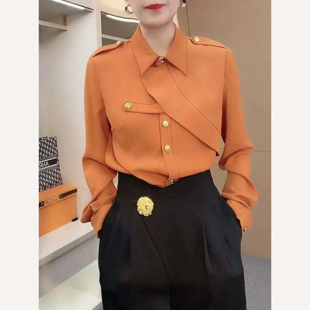 KIMLUD, Commute Solid Color Stylish Asymmetrical Shirt Female Clothing Spliced Chic Single-breasted Spring Autumn Polo-Neck Loose Blouse, KIMLUD Womens Clothes