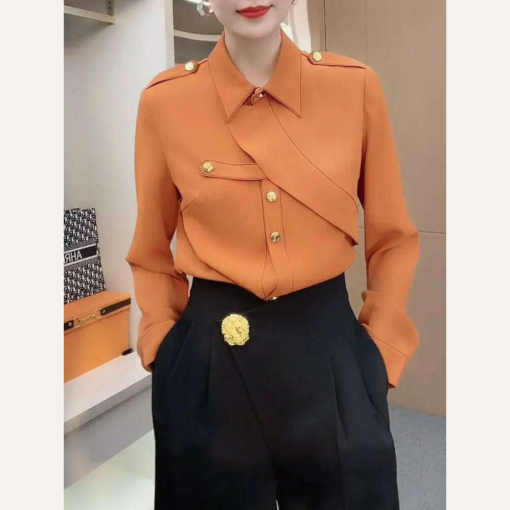 KIMLUD, Commute Solid Color Stylish Asymmetrical Shirt Female Clothing Spliced Chic Single-breasted Spring Autumn Polo-Neck Loose Blouse, KIMLUD Womens Clothes