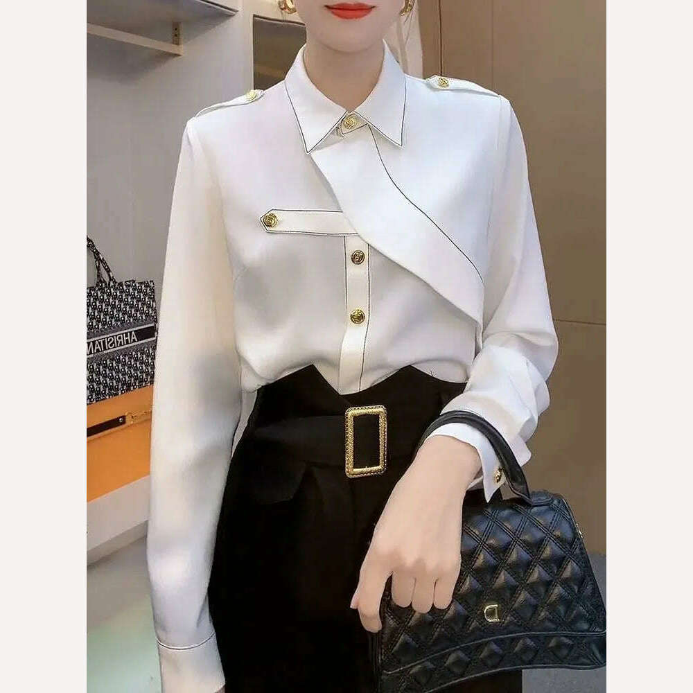 Commute Solid Color Stylish Asymmetrical Shirt Female Clothing Spliced Chic Single-breasted Spring Autumn Polo-Neck Loose Blouse - KIMLUD