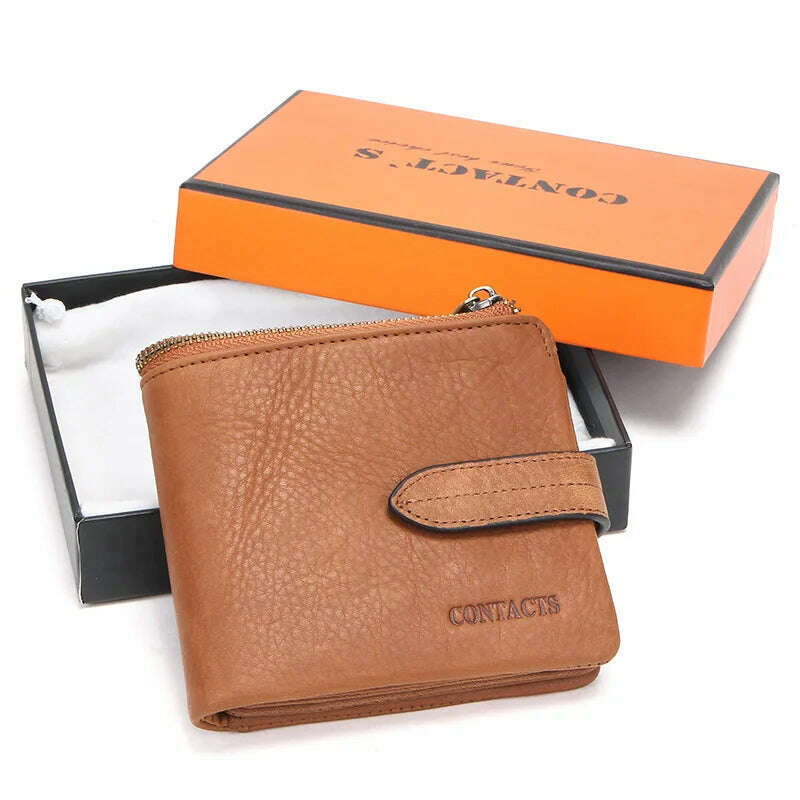 KIMLUD, CONTACT'S Luxury Brand Men Wallet Genuine Leather Bifold Short Wallet Hasp Casual Male Purse Coin Multifunctional Card Holders, style 1 brown Box, KIMLUD APPAREL - Womens Clothes