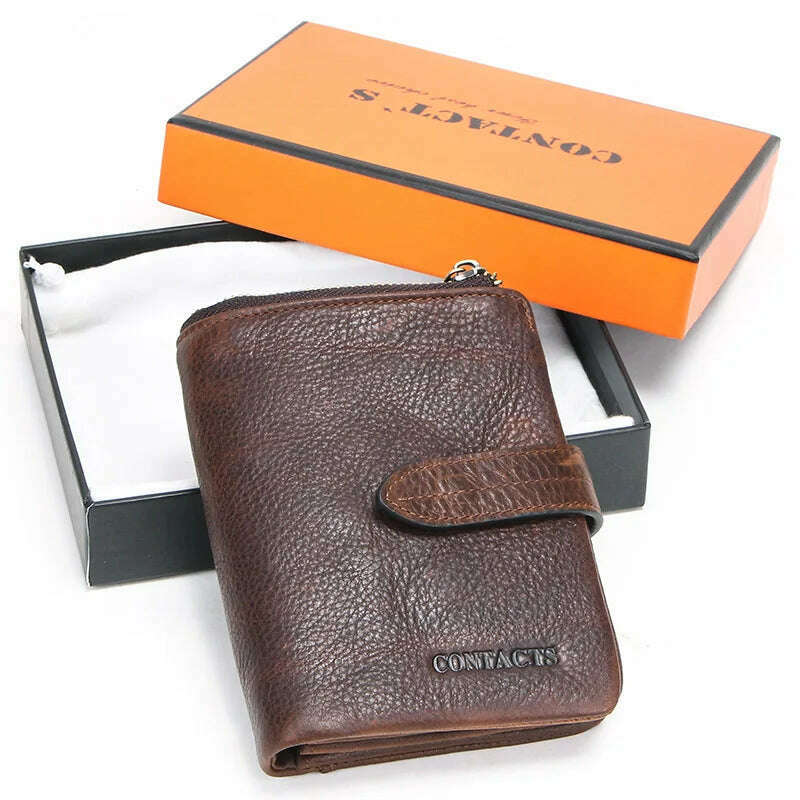 KIMLUD, CONTACT'S Luxury Brand Men Wallet Genuine Leather Bifold Short Wallet Hasp Casual Male Purse Coin Multifunctional Card Holders, style 2 coffee Box, KIMLUD APPAREL - Womens Clothes