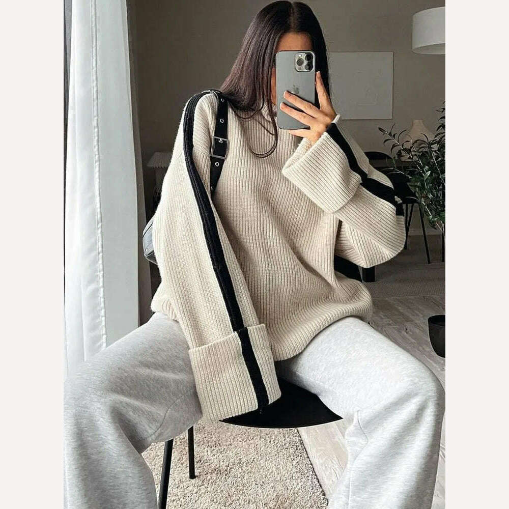 KIMLUD, Contract Mock Collar Knitted Oversized Pullover Women Long Sleeve Loose Thick Top Sweater 2023 Autumn Chic Casual Basic Knitwear, KIMLUD Womens Clothes