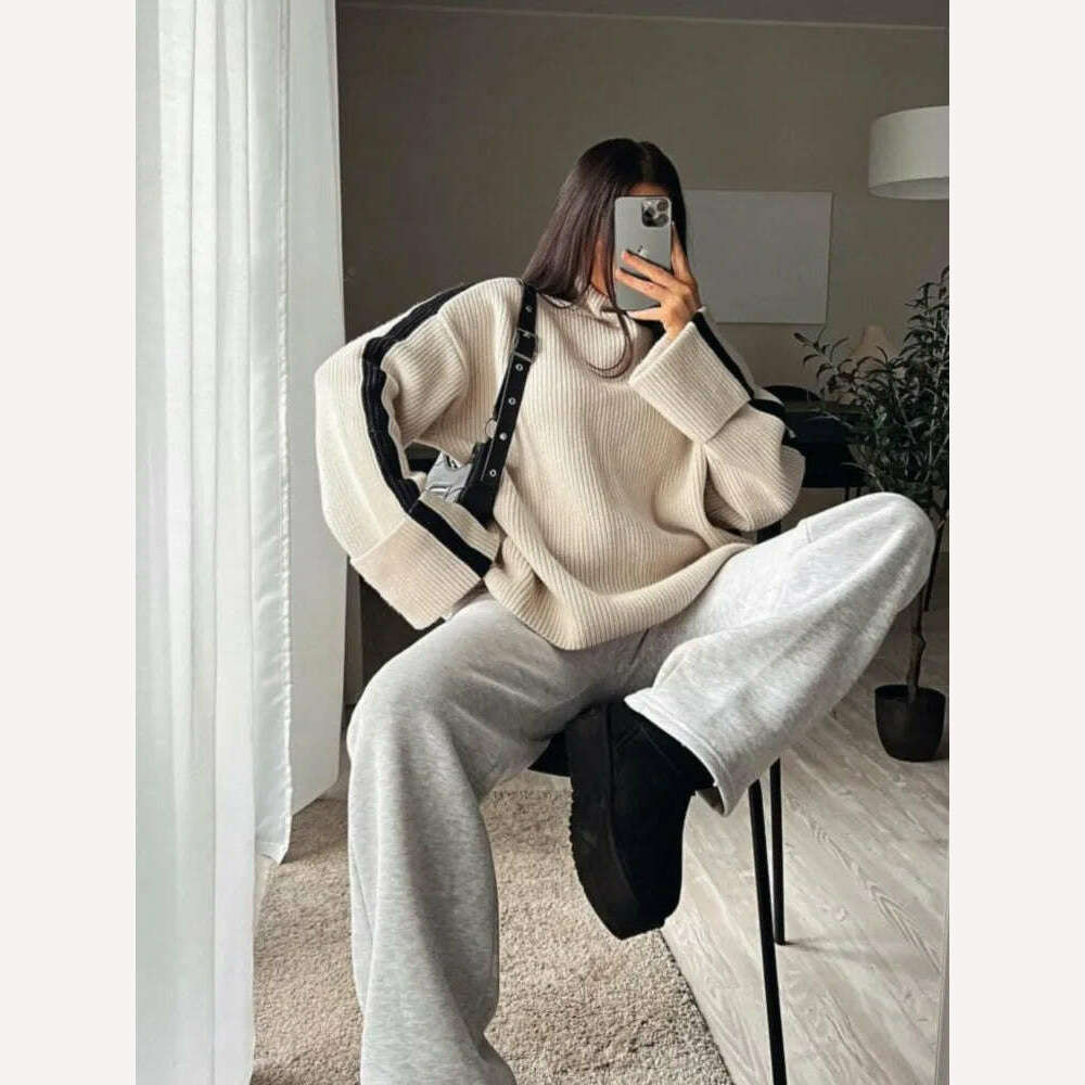 KIMLUD, Contract Mock Collar Knitted Oversized Pullover Women Long Sleeve Loose Thick Top Sweater 2023 Autumn Chic Casual Basic Knitwear, KIMLUD Womens Clothes