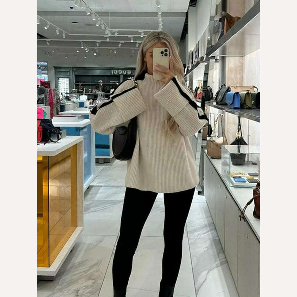 KIMLUD, Contract Mock Collar Knitted Oversized Pullover Women Long Sleeve Loose Thick Top Sweater 2023 Autumn Chic Casual Basic Knitwear, KIMLUD Womens Clothes
