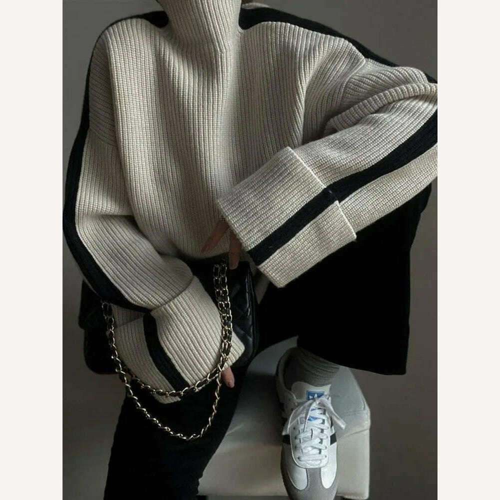 KIMLUD, Contract Mock Collar Knitted Oversized Pullover Women Long Sleeve Loose Thick Top Sweater 2023 Autumn Chic Casual Basic Knitwear, KIMLUD Womens Clothes