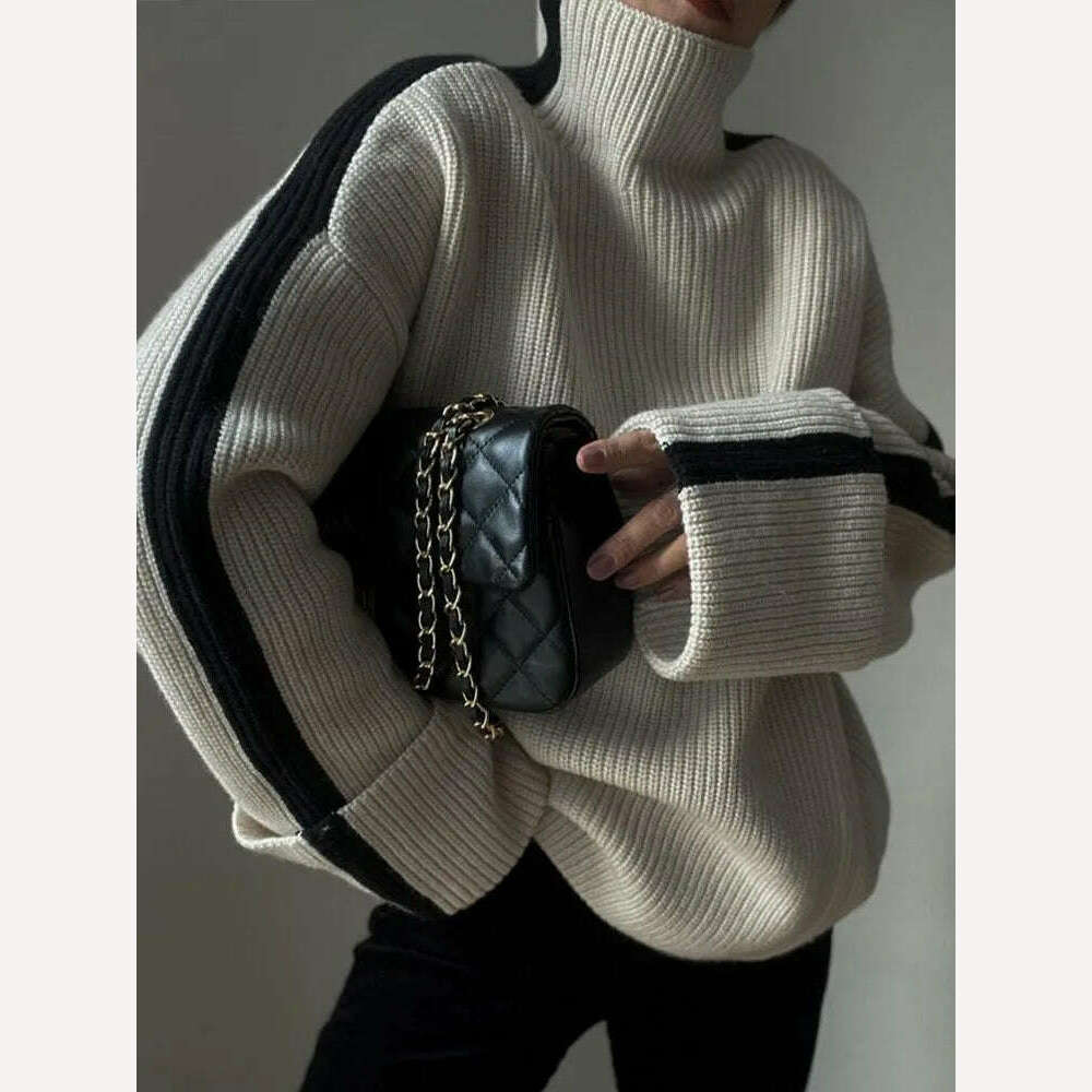 KIMLUD, Contract Mock Collar Knitted Oversized Pullover Women Long Sleeve Loose Thick Top Sweater 2023 Autumn Chic Casual Basic Knitwear, KIMLUD Womens Clothes