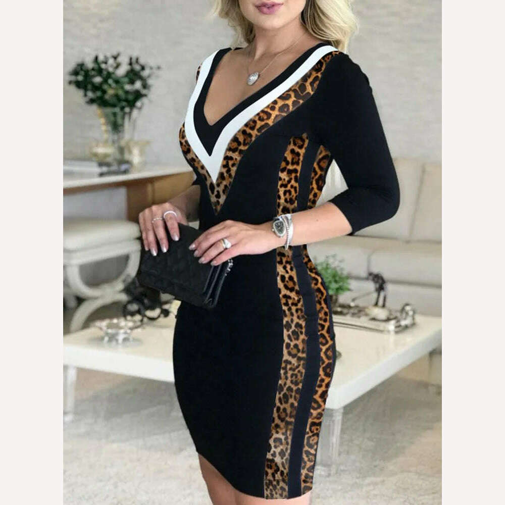 KIMLUD, Contrast Color Striped Tape Bodycon Dress Women Sexy V Neck Long Sleeve Party Dress, Leopard / S, KIMLUD Womens Clothes
