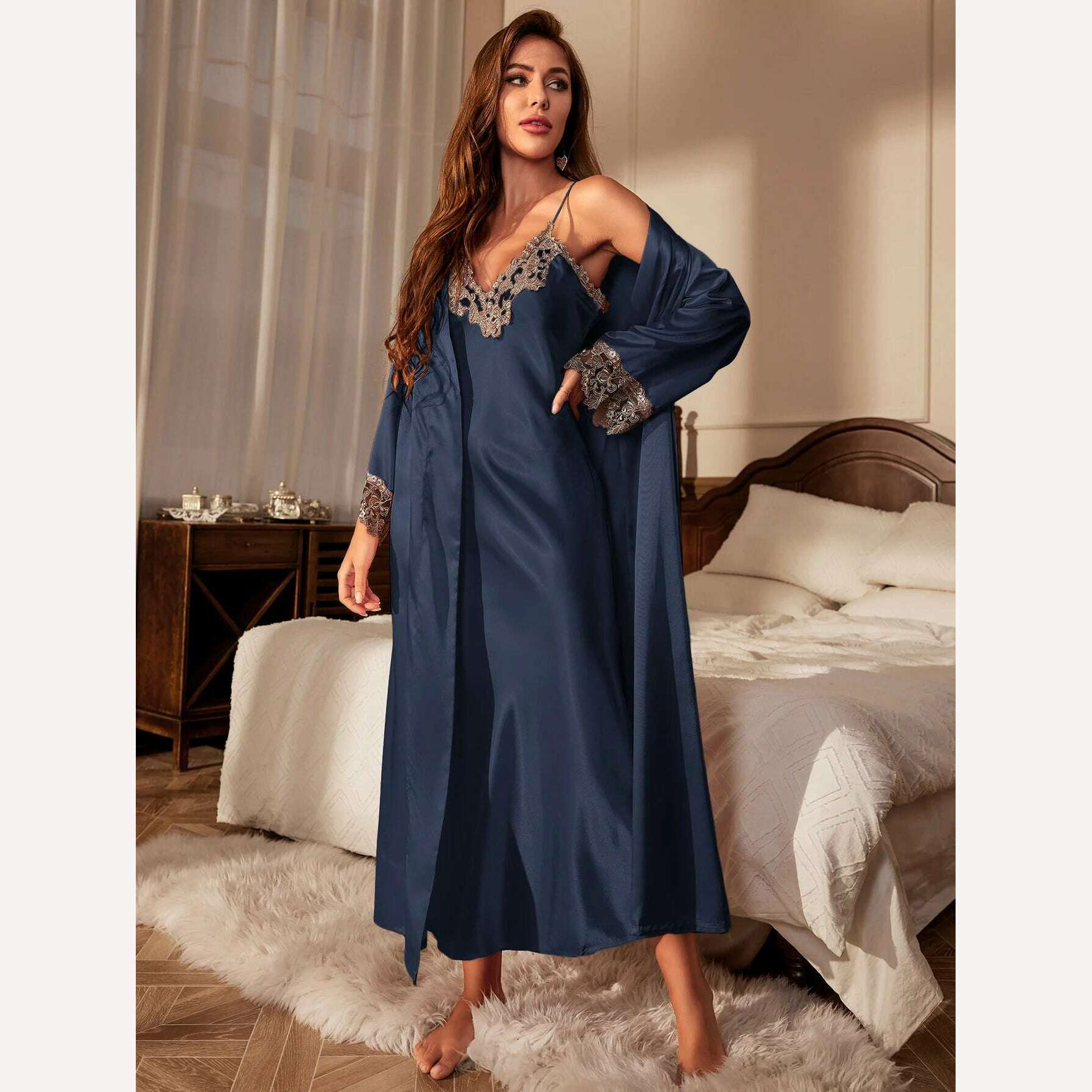 KIMLUD, Contrast Lace Pajama Set Long Sleeve Robe With Belt  V Neck Slip Dress Women's Sleepwear  Loungewear, KIMLUD Womens Clothes