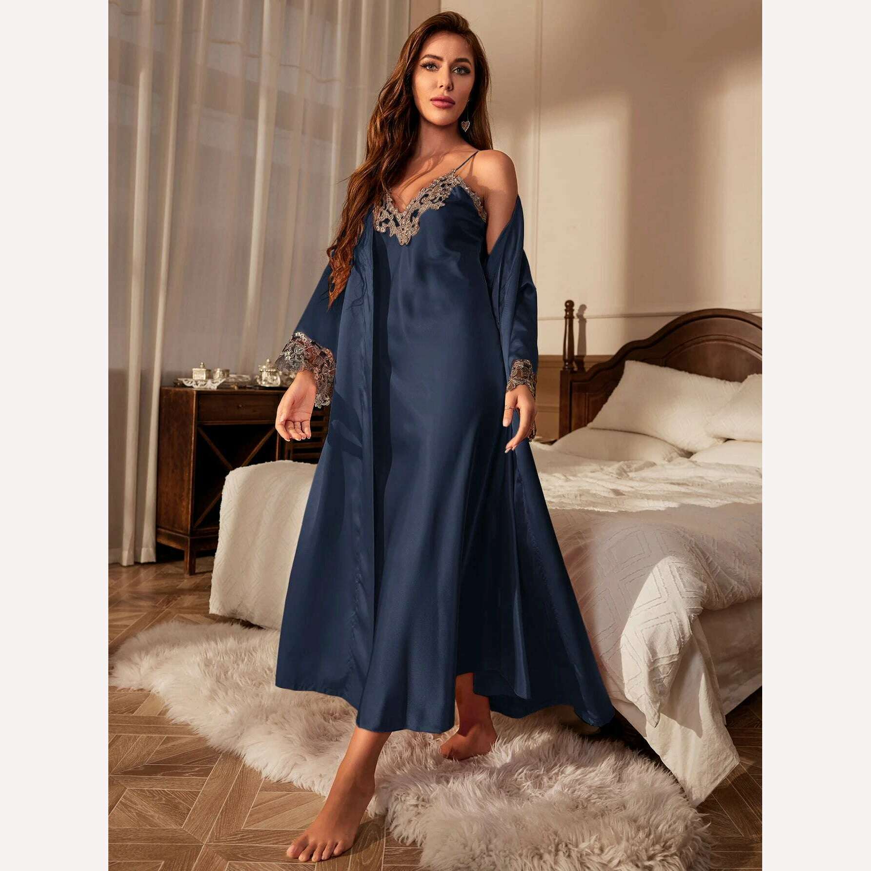 KIMLUD, Contrast Lace Pajama Set Long Sleeve Robe With Belt  V Neck Slip Dress Women's Sleepwear  Loungewear, Navy / S, KIMLUD Womens Clothes