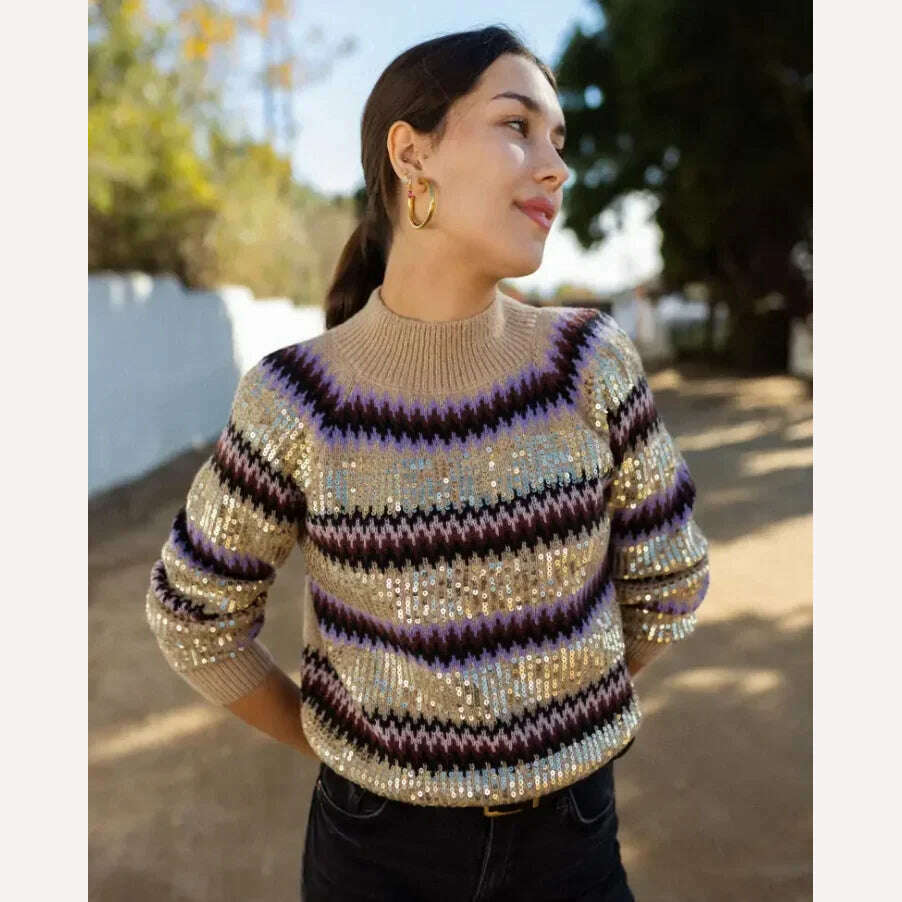 KIMLUD, Contrast Striped Sequins Chic O-neck Sweater Women Elegant Long Sleeve Colorful Knitted Crop Jumper 2024 Fashion Streetwear, KIMLUD Womens Clothes