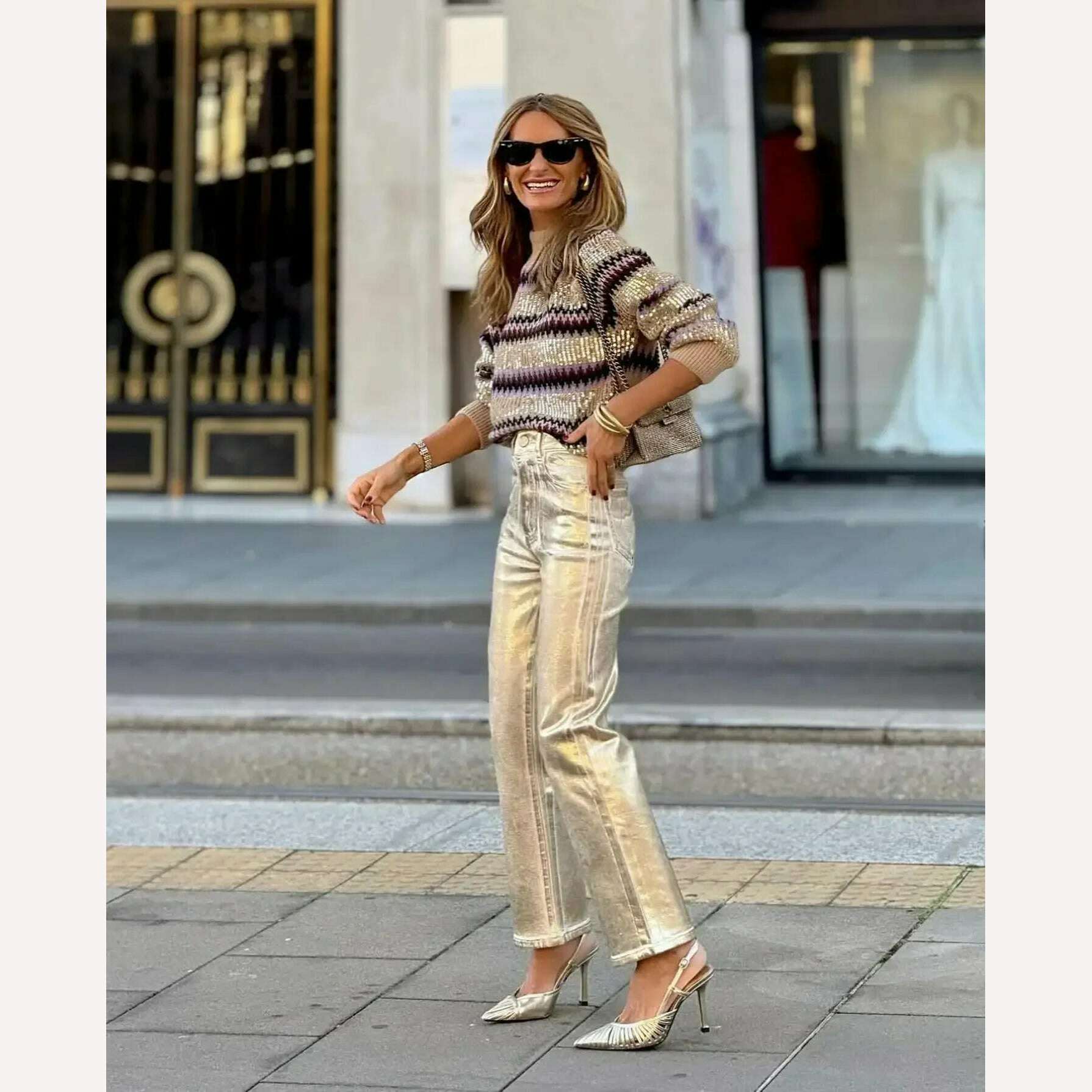 KIMLUD, Contrast Striped Sequins Chic O-neck Sweater Women Elegant Long Sleeve Colorful Knitted Crop Jumper 2024 Fashion Streetwear, KIMLUD Womens Clothes