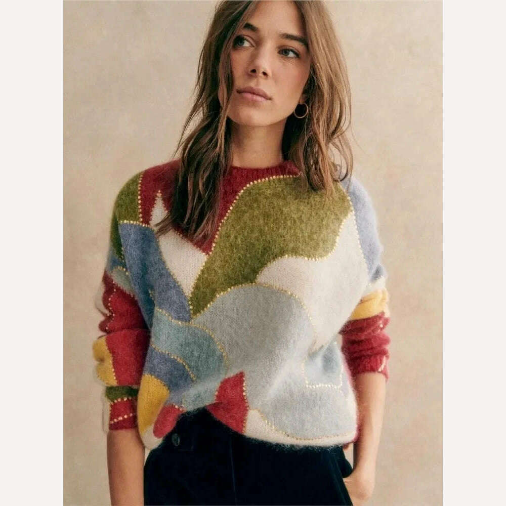 KIMLUD, Contrast Striped Sequins Chic O-neck Sweater Women Elegant Long Sleeve Colorful Knitted Crop Jumper 2024 Fashion Streetwear, Pink / S, KIMLUD APPAREL - Womens Clothes