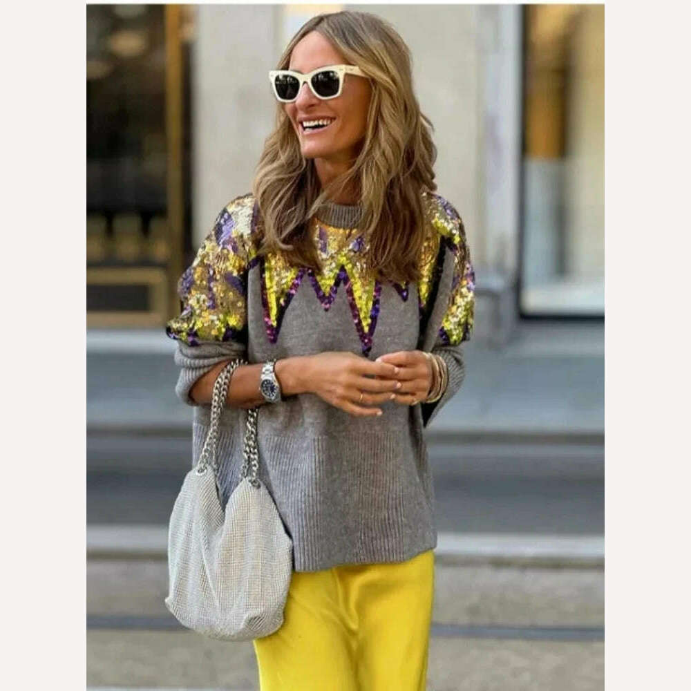 KIMLUD, Contrast Striped Sequins Chic O-neck Sweater Women Elegant Long Sleeve Colorful Knitted Crop Jumper 2024 Fashion Streetwear, PURPLE / S, KIMLUD APPAREL - Womens Clothes